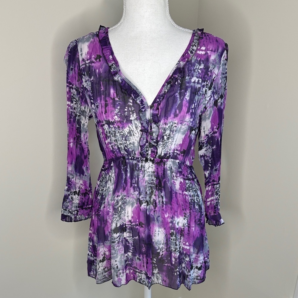 New Directions Purple and Gray V Neck Women's Blouse with Elastic Waist. Medium